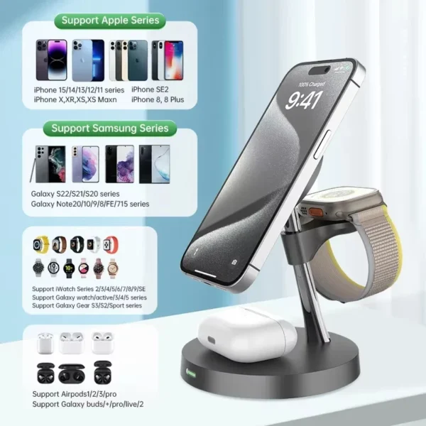 Magnetic Desk Wireless Charger Stand, Fast Charger Travel Dock for IPhone 16 15 14 13 12 Pro Max & Airpods 3 2 1 & Iwatch 7 8 9