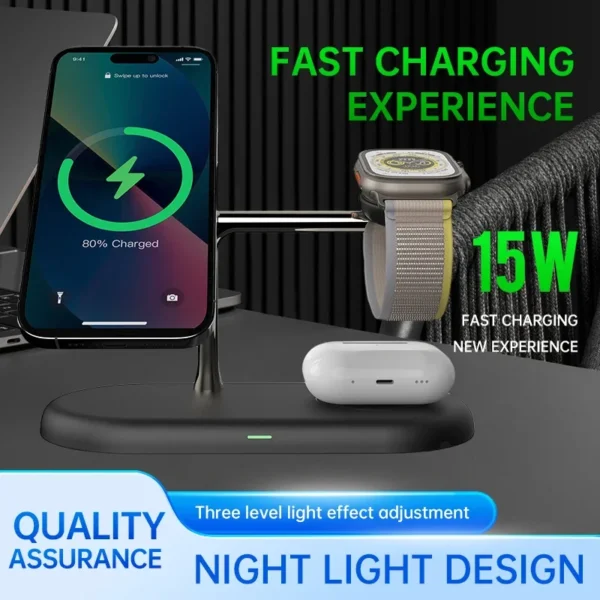 3 in 1 Wireless Charging Station Magnetic Charger for IPhone 16 15 14 13 12 Series,Apple Watch Airpods with Dimmable Night Light