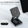 Qi2 Aluminum Alloy 3-in-1 Magnetic Wireless Charger, Foldable Stand for iPhone 16, 15, 14 Pro Max, AirPods, iWatch Fast Charger
