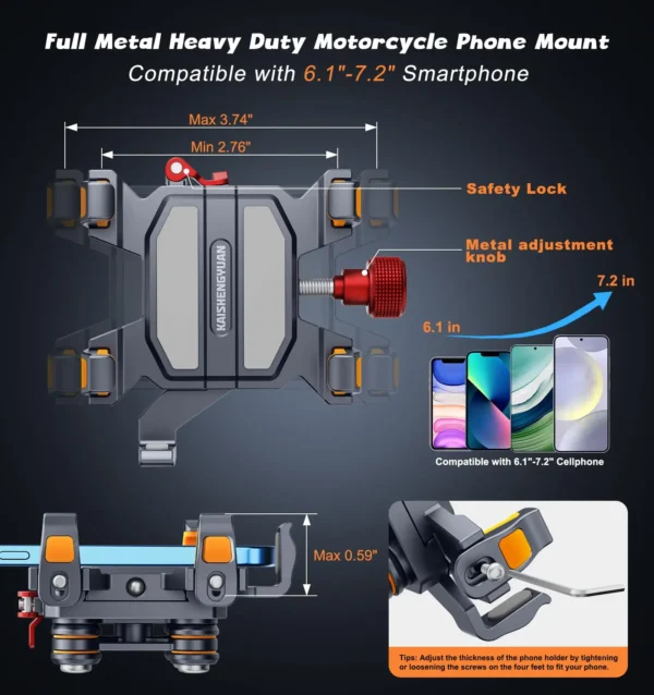 kf-Sef741a9e16ec4bbb92aa44daa6b0e6ec6 Aluminum Motorcycle Phone Mount Holder with Vibration Dampener & High-Speed Secure Lock for 6"-7.2" Phone